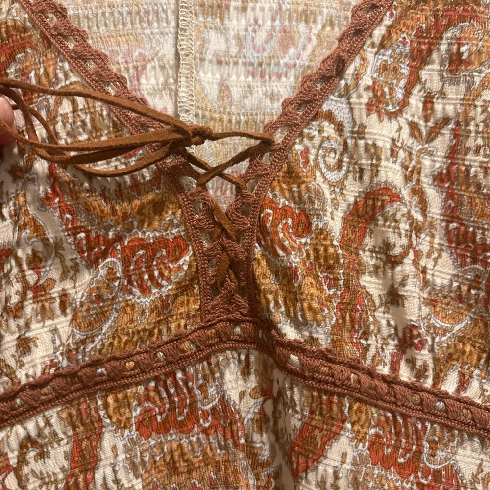 Paisley Babydoll Dress V-Neck‎ Front Lace-Up Western Country Women M Fall Boho - Picture 2 of 9